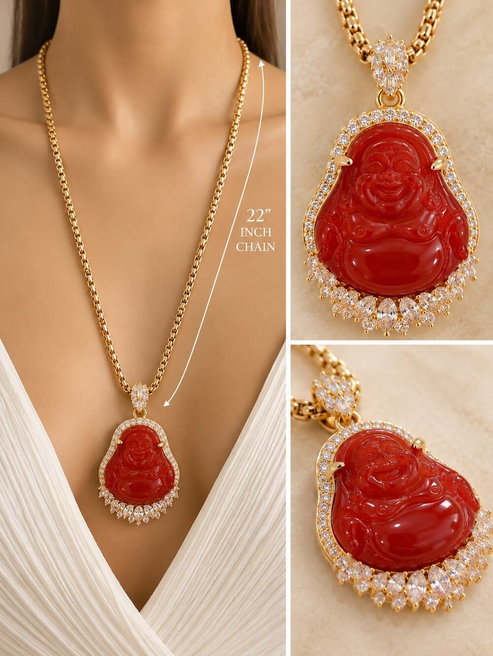 Red Agate Laughing Buddha Pendant Necklace 22 Inch Gold Plated Chain